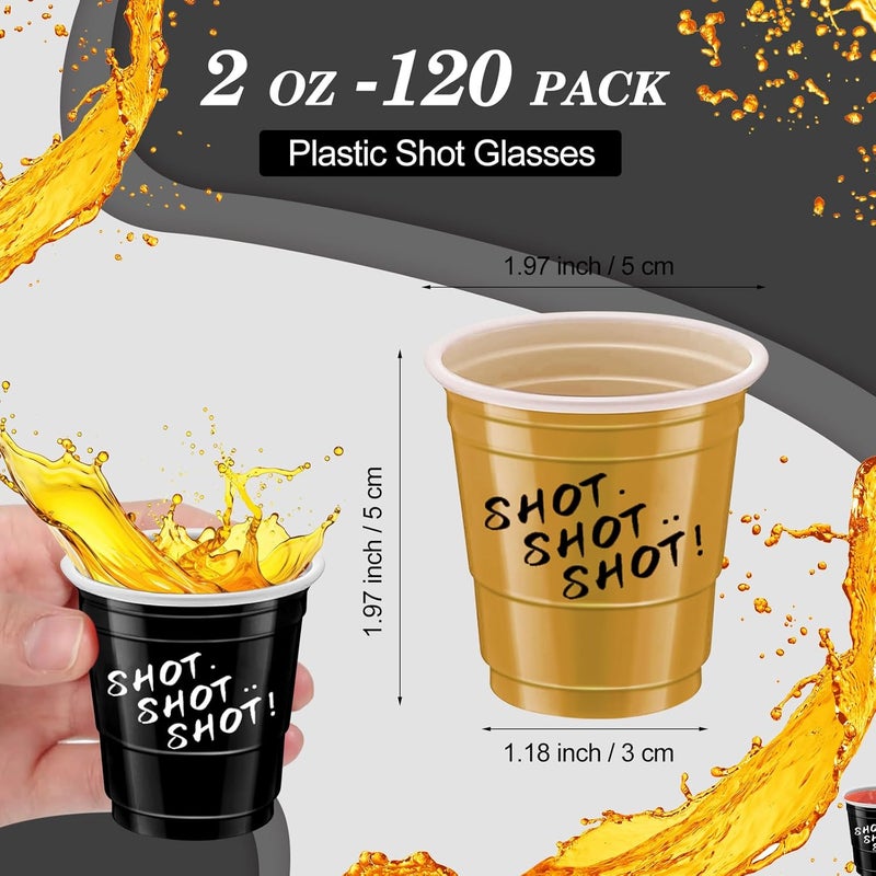 cssopenss 120 pcs Black And Gold Shot Glasses 2 oz Black Gold Plastic Shot Cups Happy New Year shot glasses for drinking Tastings served Snacks Jello Tastings and Samples - Image 2